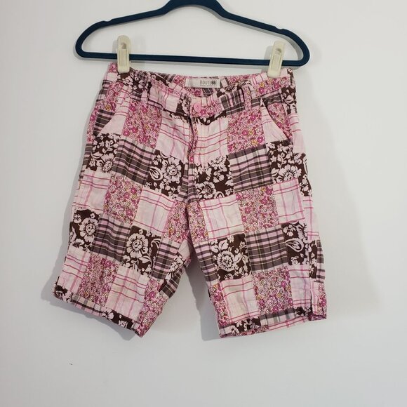 Vintage Y2K Route 66 Girls Patchwork Shorts Pink Brown Floral Plaid Girly Summer - Picture 1 of 5